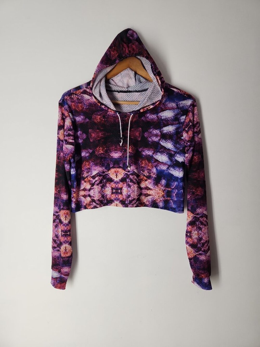 Cropped pullover hoodie perforated mesh digital abstract pattern sz S unisex